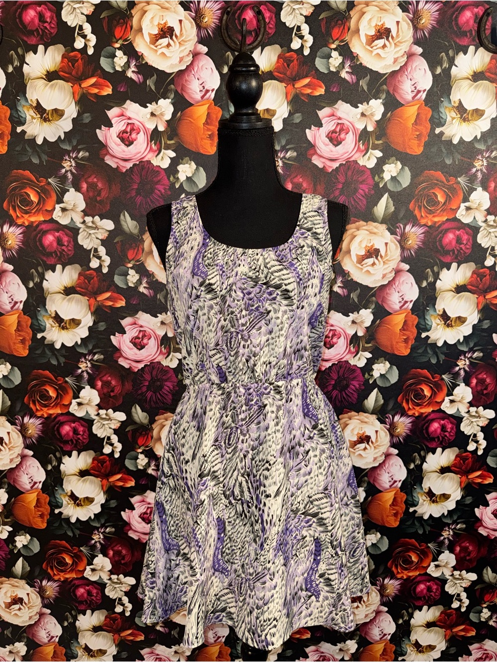 Reformed Sleeveless Purple & Gray Abstract Leopard Print, Keyhole Back Dress, M